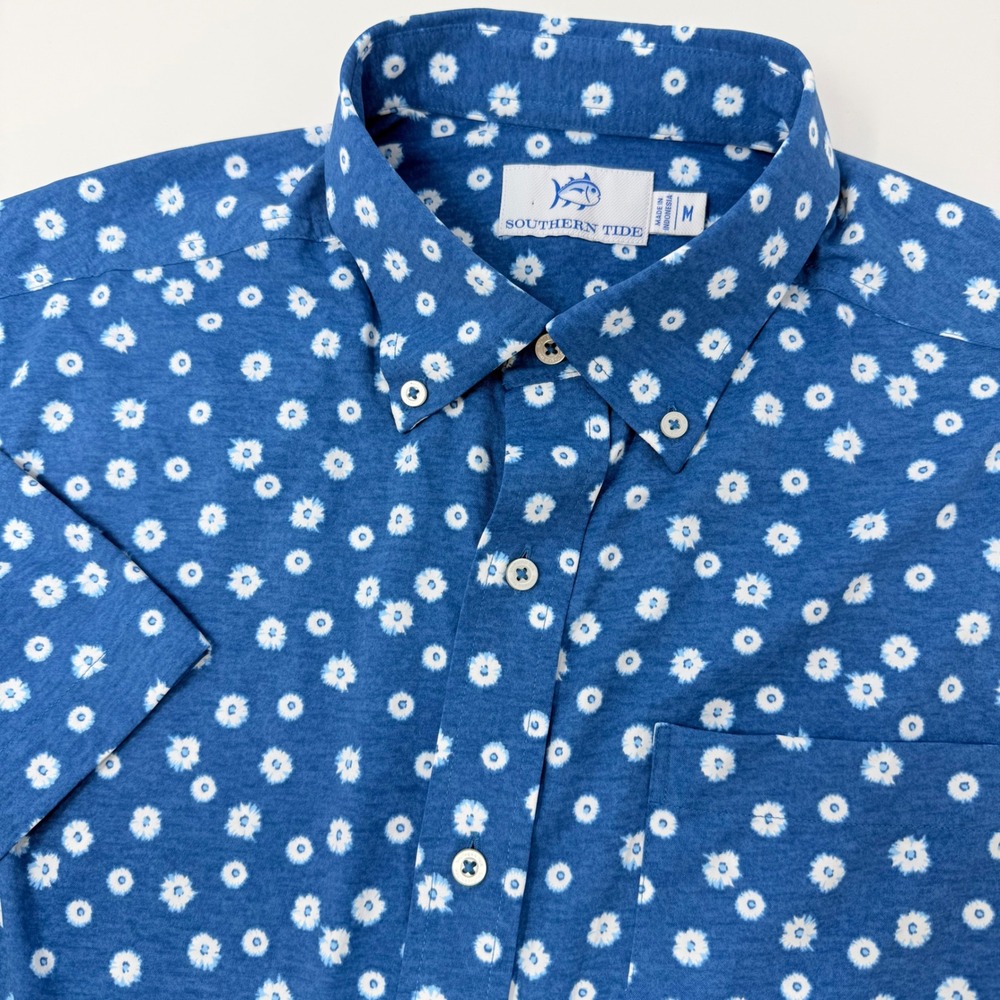 Southern Tide Mens Blue Floral Performance Short Sleeve Button Down Shirt Medium